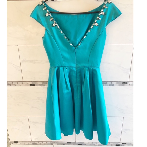Sherri Hill Jeweled Fit & Flare Dress, SZ 4, Turquoise, Teal, Aqua, Rhinestone - Picture 4 of 7